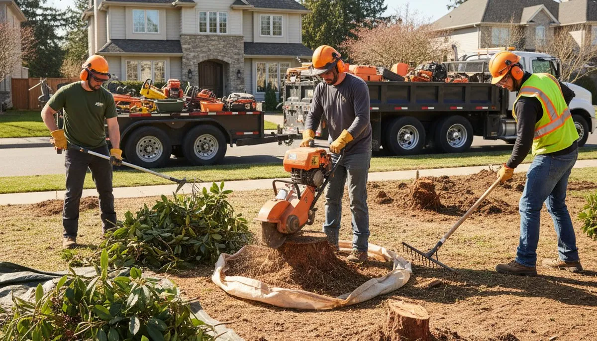 Cambridge, MA tree crew removing overgrown shrubs on a residential property