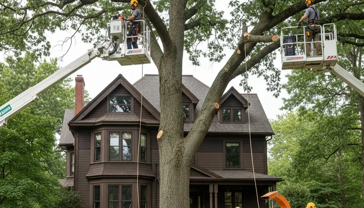 Tree service crew removing a tree in Cambridge, MA for safe, professional tree removal